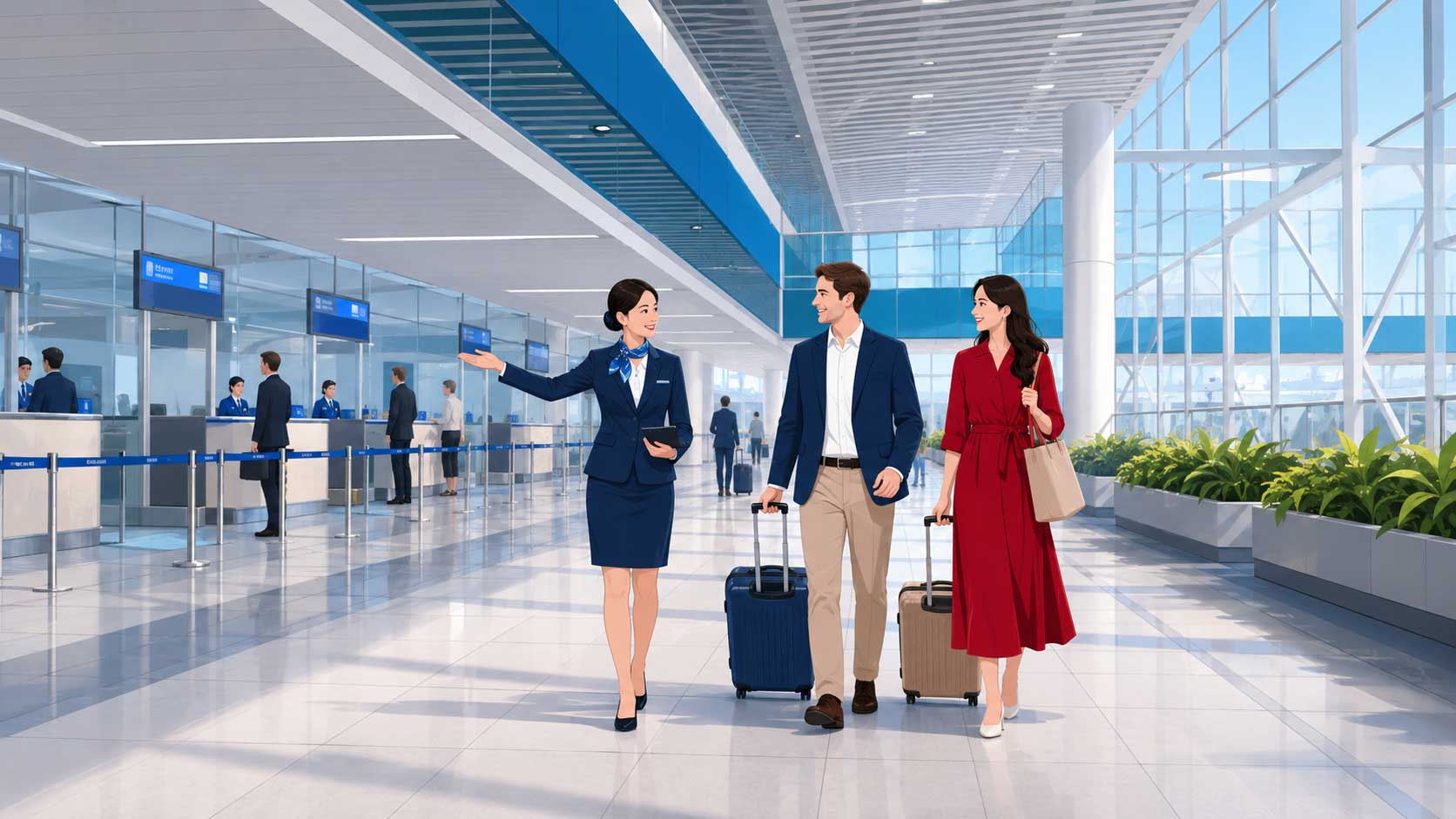 Airport guidance scene representing Vietnam airport departure fast-track assistance